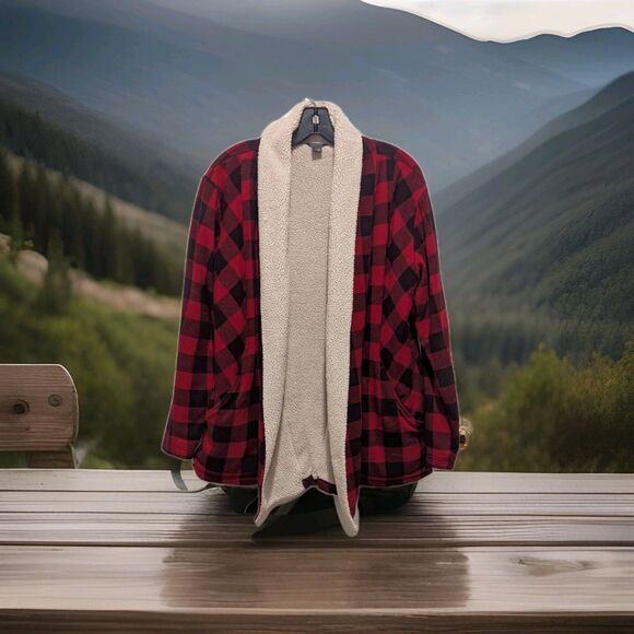 Eddie Bauer Women’s Medium Red Buffalo Plaid Open Front Sherpa Lined Cardigan - Picture 1 of 7